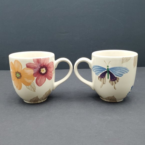 Longaberger Pottery Botanical Fields Mugs Butterfly Flowers Floral Coffee Cups - Picture 3 of 9